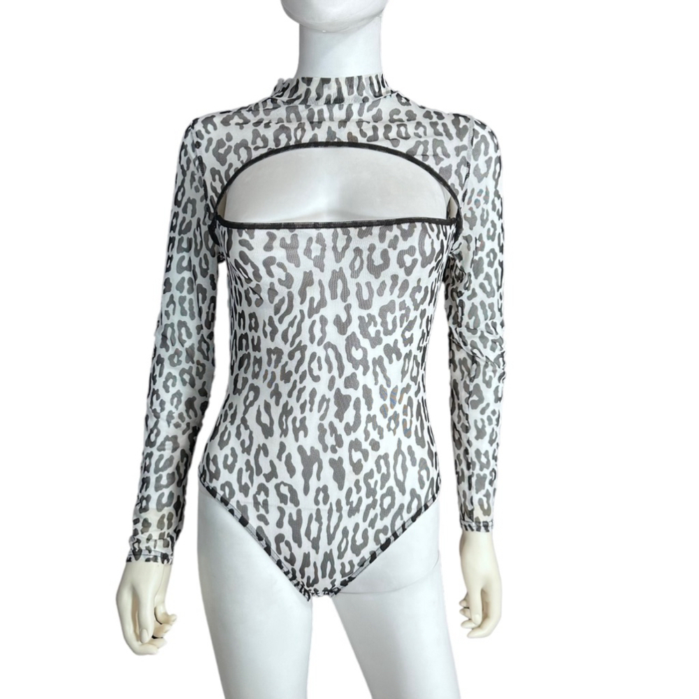 Pretty Little Thing Leopard Print Mesh Bodysuit Black Long Sleeve